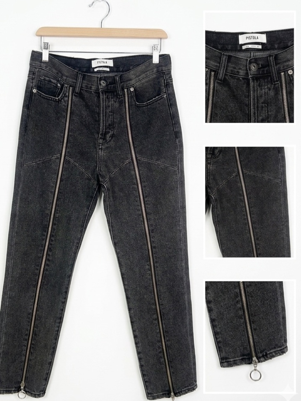 Pistola Denim Black Acid Wash Front-Zip Moto Jeans